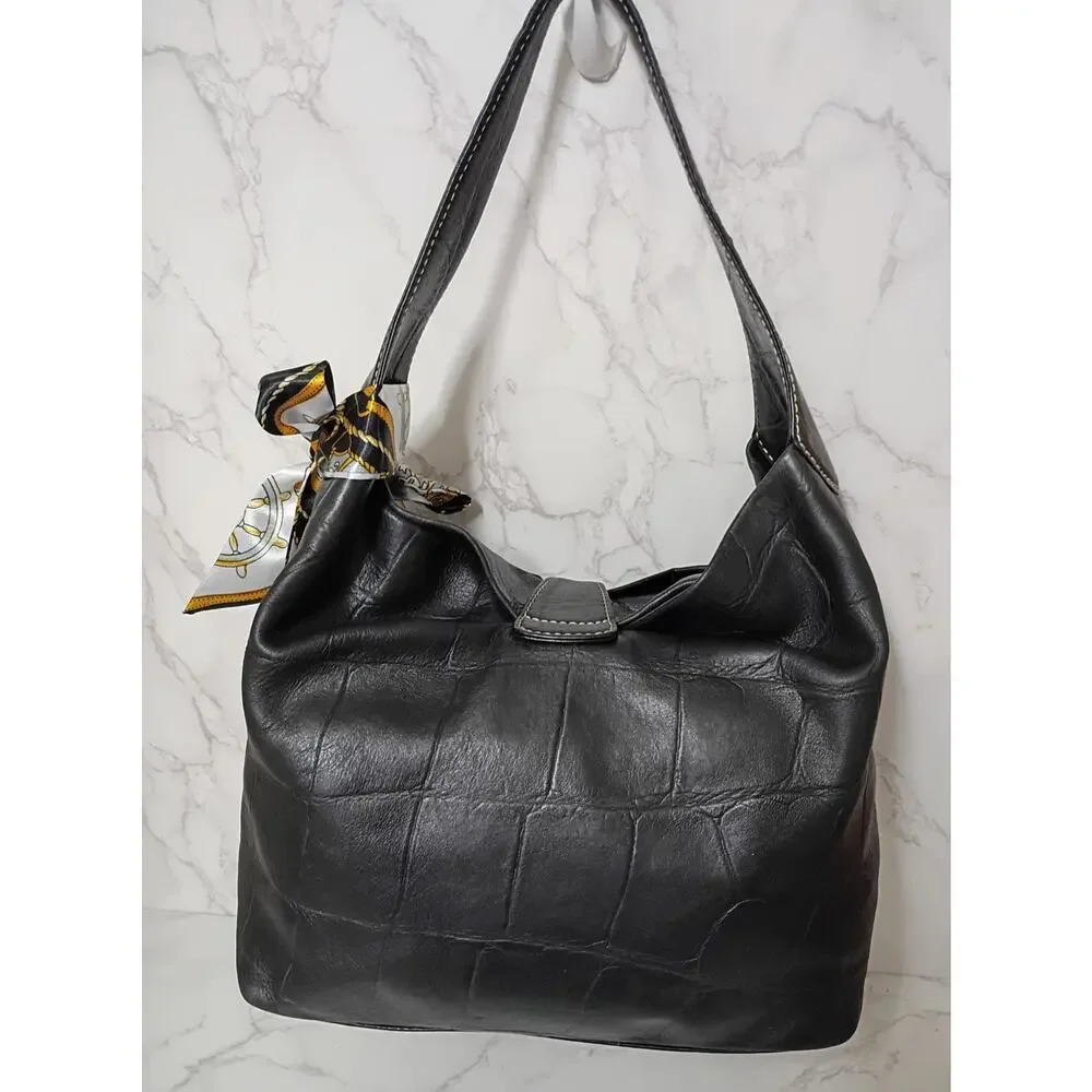 DOONEY & BOURKE Vintage Annalisa Black Embossed Leather Hobo Bag - EUC